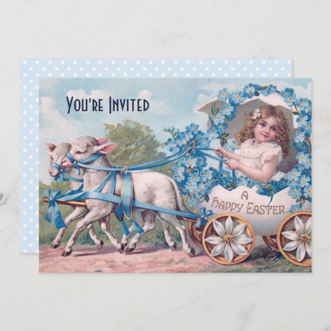 Vintage Easter Illustration with Girl and Lambs Invitation (Front/Back)