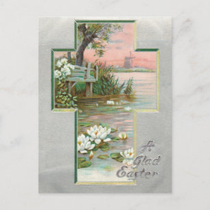 Vintage Easter Landscape Inset in Cross Holiday Postcard