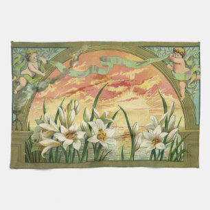 Vintage Easter Lilies Sunrise and Victorian Angels Tea Towel