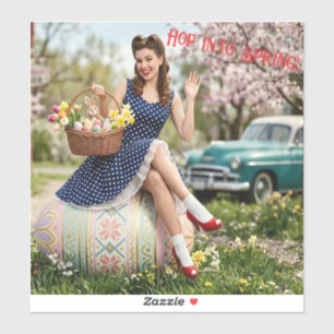 Vintage Easter Pin-Up Sticker   Hop Into Spring