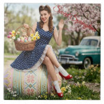 Vintage Easter Pin-Up Tile | Sweet Spring Art<br><div class="desc">Add a touch of nostalgic charm to your home with this unique decorative ceramic tile. Featuring a delightful pin-up girl in a polka-dot dress, sitting on a giant decorated Easter egg, this design captures the joy of spring. Please note: This artwork was created with the help of AI. You can...</div>
