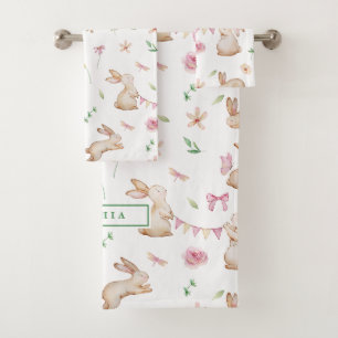 Vintage Easter Pink Rabbit Pattern Bath Towel Set