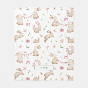 Vintage Easter Pink Rabbit Pattern Fleece Blanket