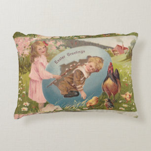 Vintage Easter Postcard Victorian Girl & Boy Decorative Cushion