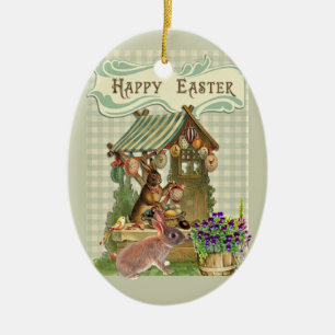 Vintage Easter Rabbit and Eggs Holiday Ceramic Ornament