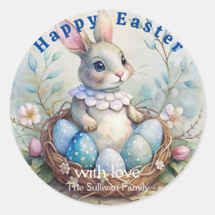 Vintage Easter Rabbit Bunny Flowers Eggs.   Classic Round Sticker