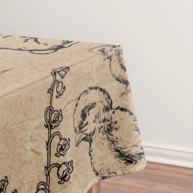 Vintage Easter Rabbit & Chick Kraft Brown Tablecloth (In Situ)