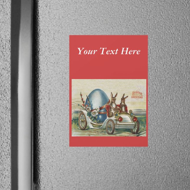 Vintage Easter Rabbits Flowers Car Egg (Two Easter rabbits big blue egg driving vintage car on red Happy Easter fridge magnet.)