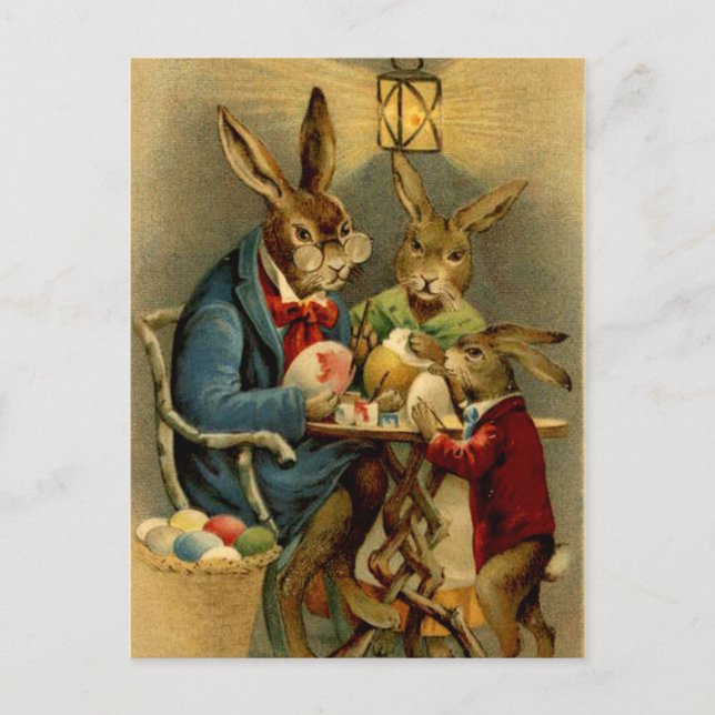 vintage Easter rabbits painting eggs Holiday Postcard (Front)