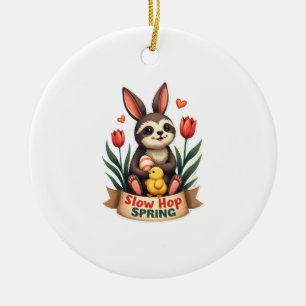 Vintage Easter Sloth Bunny Spring Flowers Shirt 2 Ceramic Ornament
