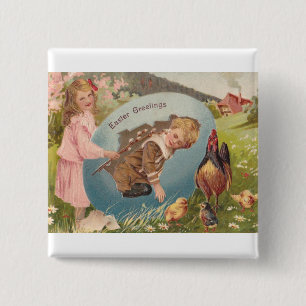 Vintage Easter Victorian Girl & Boy 15 Cm Square Badge