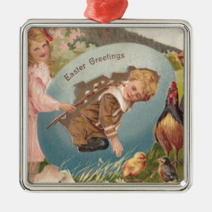 Vintage Easter Victorian Girl & Boy Metal Tree Decoration