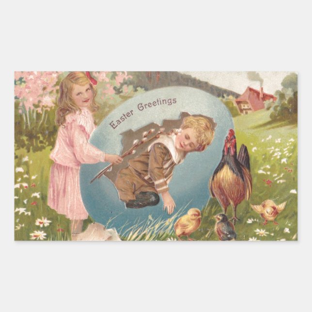 Vintage Easter Victorian Girl & Boy Rectangular Sticker (Front)