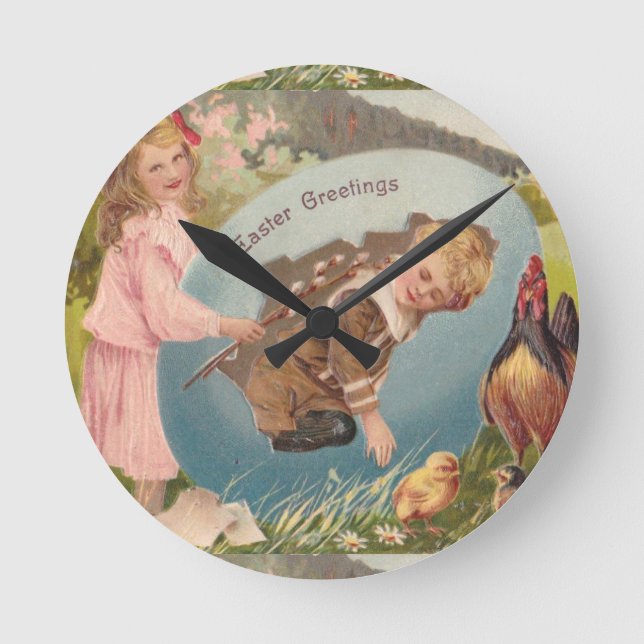 Vintage Easter Victorian Girl & Boy Round Clock (Front)