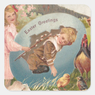 Vintage Easter Victorian Girl & Boy Square Sticker