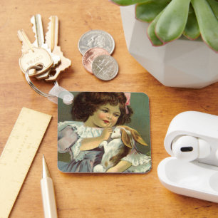 Vintage Easter, Victorian Girl Bunny Rabbit Eggs Key Ring