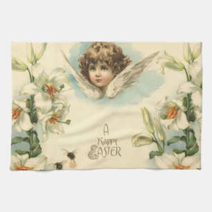 Vintage Easter, Victorian Lily Flowers and Angel Tea Towel