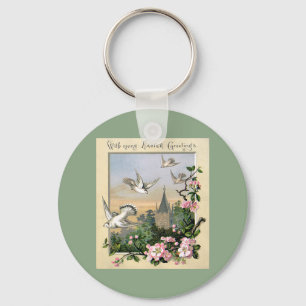 Vintage Easter, White Dove Birds and Flowers Key Ring