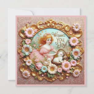 Vintage Easter ~ WISHING YOU JOY ~ Cute Girl ~ Holiday Card