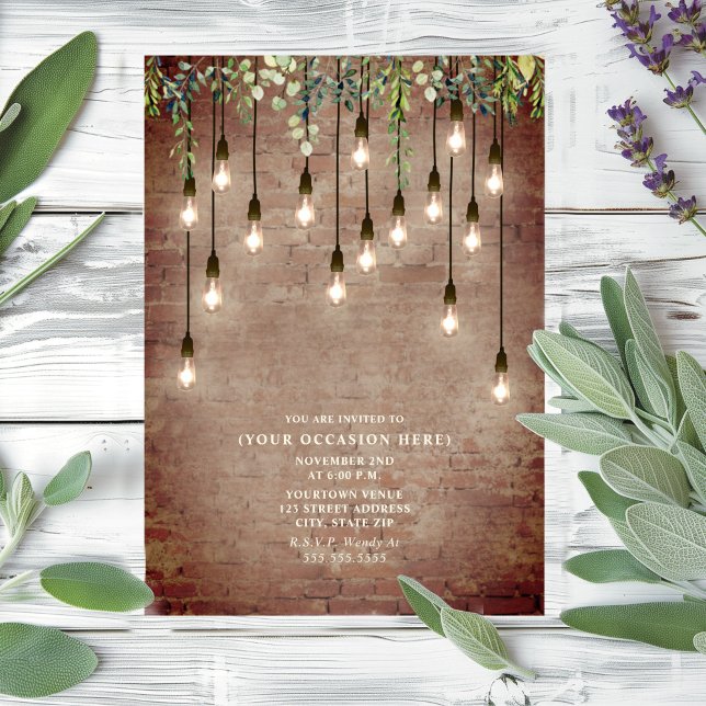 Vintage Edison Lights Brick Botanical Party Invitation (Creator Uploaded)
