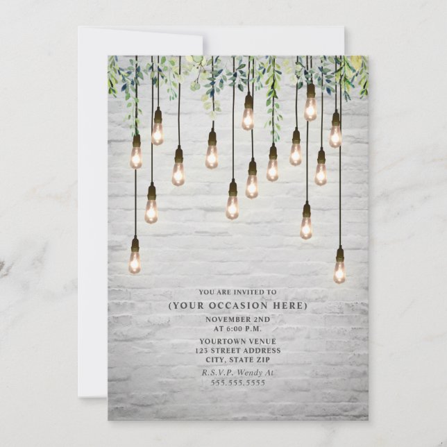 Vintage Edison Lights White Brick Botanical Party Invitation (Front)