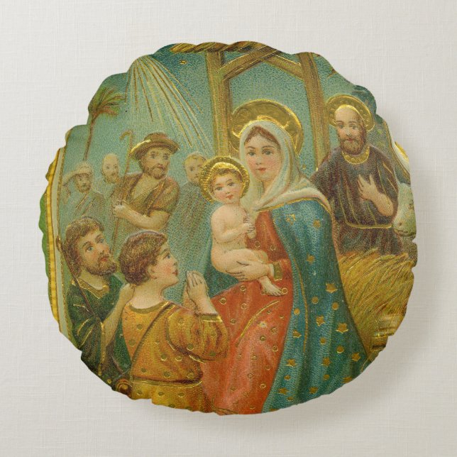 Vintage Edwardian Era Nativity Christmas Card Round Cushion (Front)