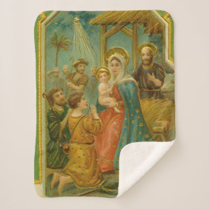 Vintage Edwardian Era Nativity Christmas Card Sherpa Blanket