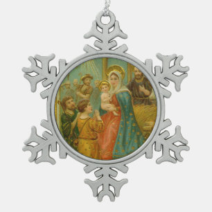 Vintage Edwardian Era Nativity Christmas Card Snowflake Pewter Christmas Ornament