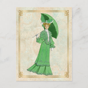 Vintage Edwardian Green Dress and Umbrella Postcard