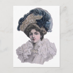 Vintage Edwardian Lady Portrait Elegant Blue Hat Postcard