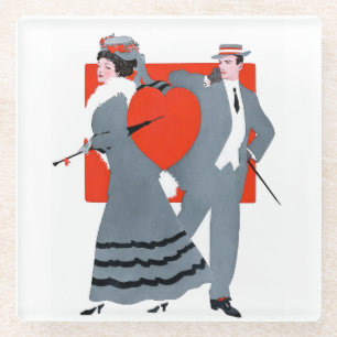 Vintage Edwardian Valentine Couple Illustration Glass Coaster