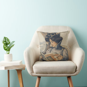 Vintage Edwardian Woman Reading on Train Cushion