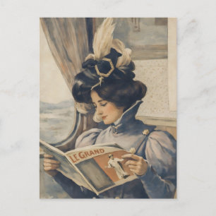 Vintage Edwardian Woman Reading on Train Postcard