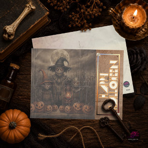 Vintage Eerie Scarecrow Halloween Holiday Postcard