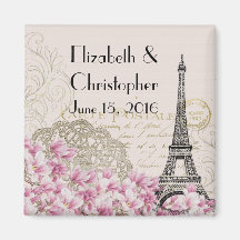 Vintage Eiffel Tower and Pink Flowers Wedding Date Magnet