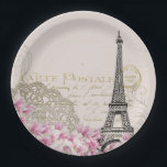 Vintage Eiffel Tower Collage with Pink Wildflowers Paper Plate<br><div class="desc">A whimsical vintage collage which has an old french postcard background with an eiffel tower sketch and some pink and white wildflowers bordering the bottom. Fancy swirly embellishments decorate the sides.</div>