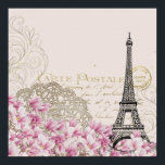 Vintage Eiffel Tower Collage with Pink WIldflowers Poster<br><div class="desc">A whimsical vintage collage which has an old french postcard background with an eiffel tower sketch and some pink and white wildflowers bordering the bottom. Fancy swirly embellishments decorate the sides.</div>