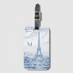 Vintage Eiffel Tower in blue  -monogram Luggage Tag
