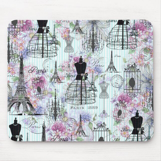 Vintage Eiffel Tower mannequin floral collage Mouse Pad (Front)