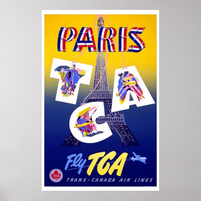 Vintage Eiffel Tower Paris Air Travel Advertising Poster (Front)