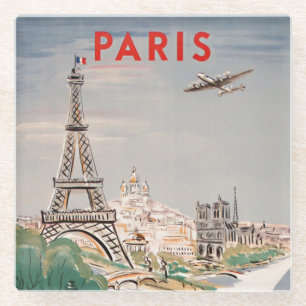 Vintage Eiffel Tower Paris Air Travel Lithograph Glass Coaster