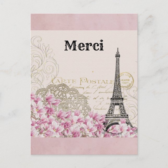 Vintage Eiffel Tower Paris France Thank You Postcard (Front)