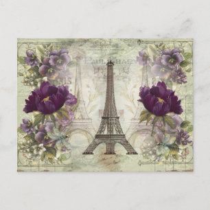 Vintage Eiffel Tower Paris France with Flowers Postcard