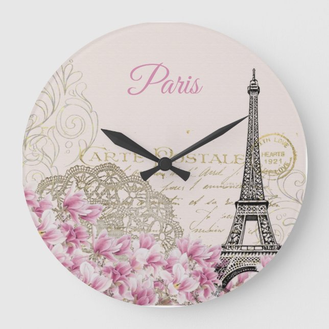 Vintage Eiffel Tower Paris Postcard  Large Clock (Front)