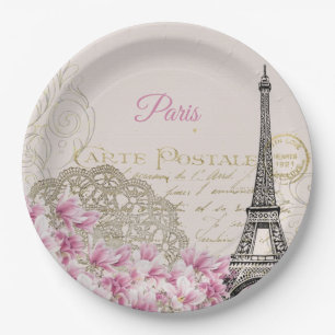 Vintage Eiffel Tower Paris Postcard Paper Plate
