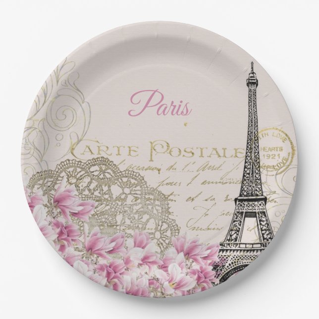 Vintage Eiffel Tower Paris Postcard Paper Plate (Front)