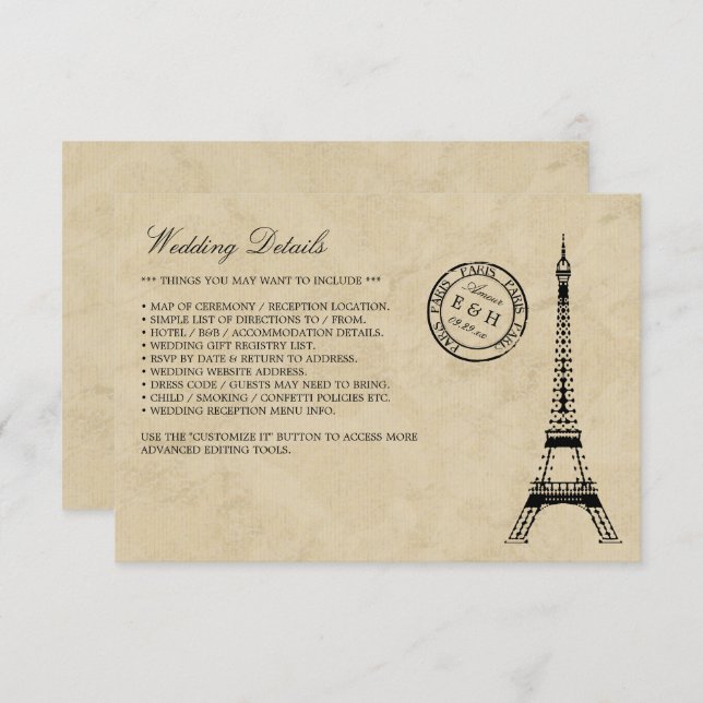 Vintage Eiffel Tower Paris Postmark Wedding Enclosure Card (Front/Back)