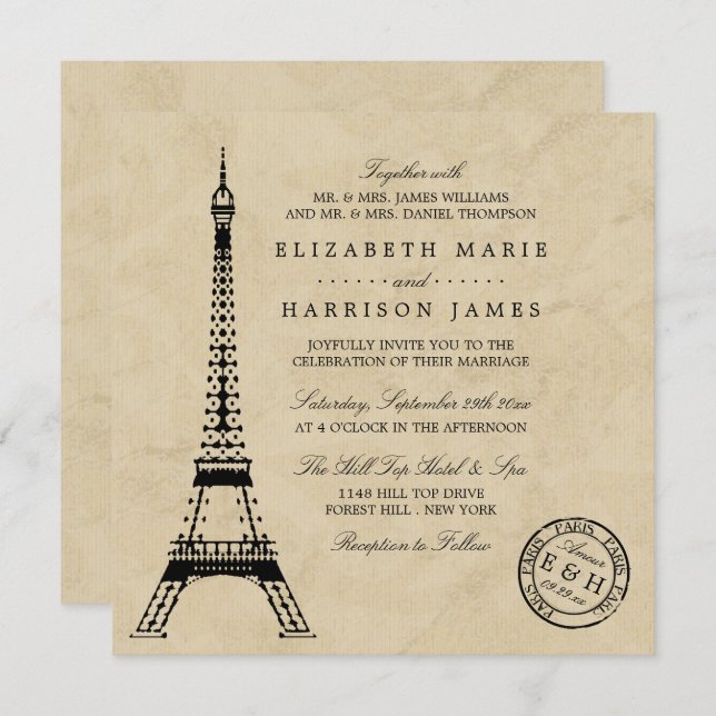 Vintage Eiffel Tower Paris Postmark Wedding Invitation (Front/Back)