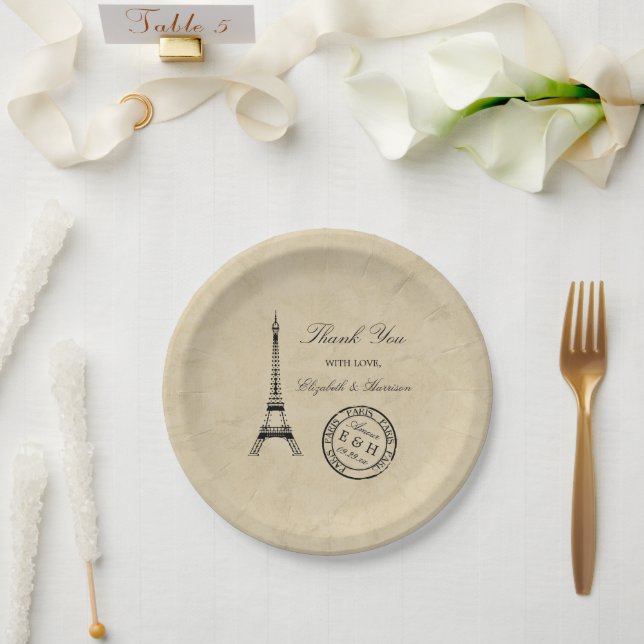 Vintage Eiffel Tower Paris Postmark Wedding Paper Plate (Wedding)