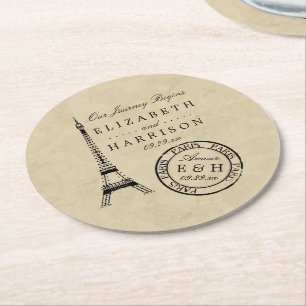 Vintage Eiffel Tower Paris Postmark Wedding Round Paper Coaster